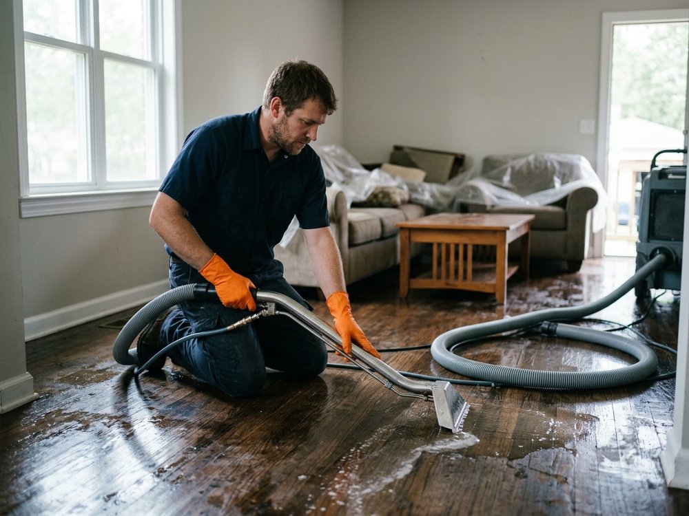 Crew extracting water from a flooded room