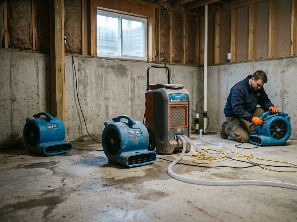 Air movers and dehumidifiers drying a basement