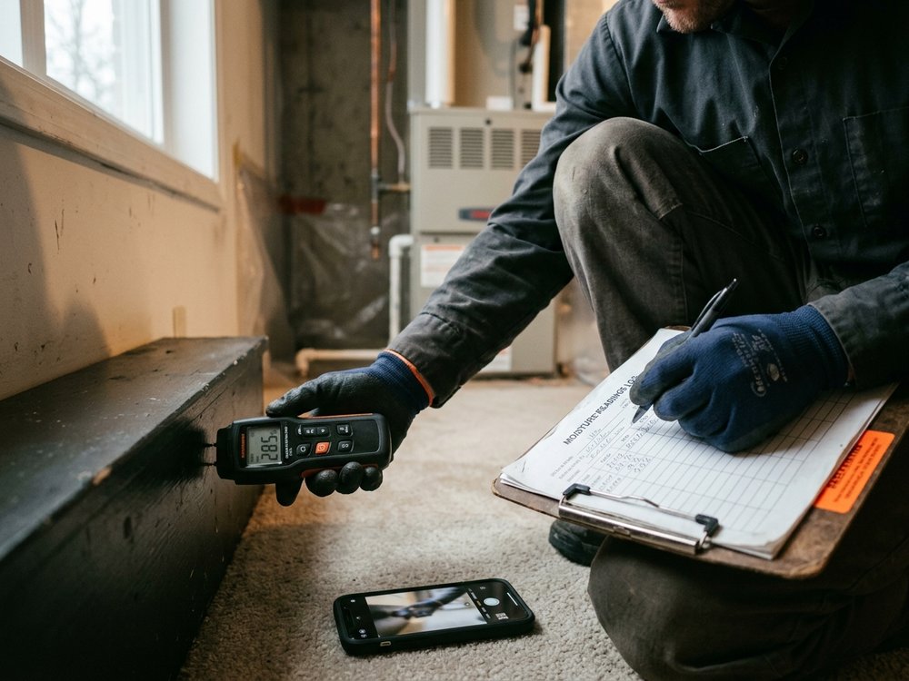 Technician documenting damage for an insurance claim